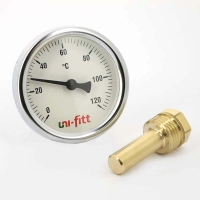купить Термометр биметаллический с погружной гильзой Uni-Fitt диаметр корпуса 80 мм, длина гильзы 50 мм 1/2" 120°С