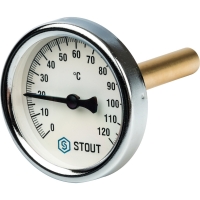 купить Термометр биметаллический с погружной гильзой Stout диаметр корпуса 63 мм, длина гильзы 75 мм 1/2" 120°С