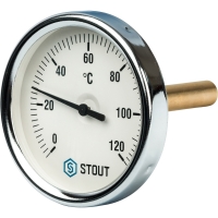купить Термометр биметаллический с погружной гильзой Stout диаметр корпуса80 мм, длина гильзы 75 мм 1/2" 120°С