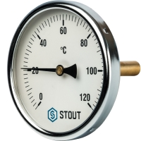 купить Термометр биметаллический с погружной гильзой Stout диаметр корпуса100 мм, длина гильзы 75 мм 1/2" 120°С