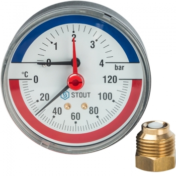 Термоманометр аксиальный Stout в комплекте с автоматическим запорным клапаном диаметр корпуса 80 мм 1/2" 4 бар 120°С