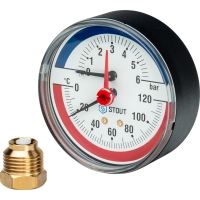 Термоманометр аксиальный Stout в комплекте с автоматическим запорным клапаном диаметр корпуса80 мм 1/2" 6 бар 120°С