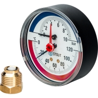 Термоманометр аксиальный Stout в комплекте с автоматическим запорным клапаном диаметр корпуса80 мм 1/2" 10 бар 120°С